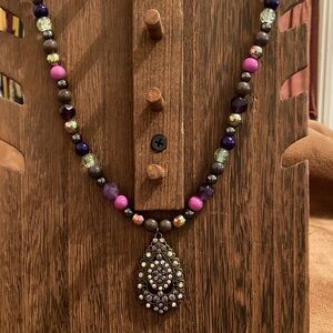 Handmade Beaded Necklace with Amethyst andTeardrop Pendant